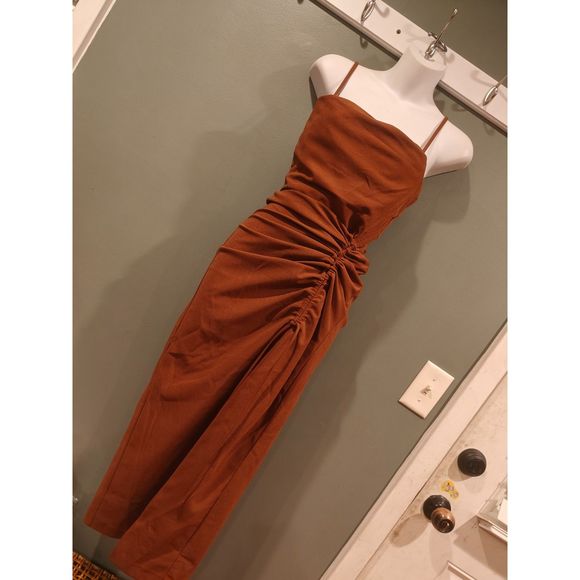 Emory Park ruche-side midi cami dress in brown xs in cocoa - Picture 4 of 5